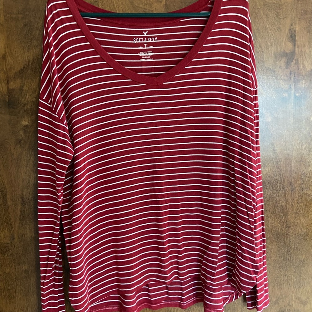 American Eagle Outfitters Red and White Striped Long Sleeve Tee